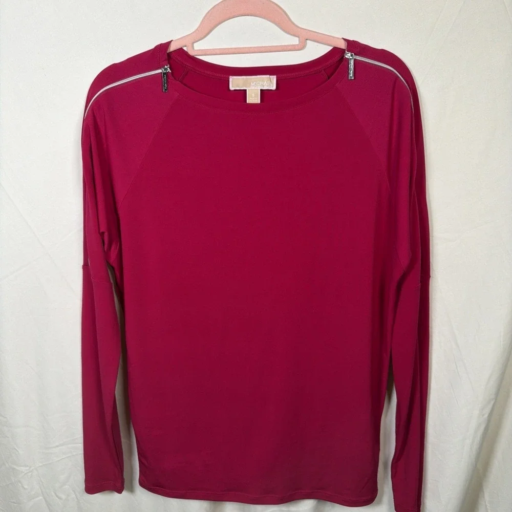 Michael Kors Womens Small Pink‎ Long Sleeve Top Zipper Shoulder Detail